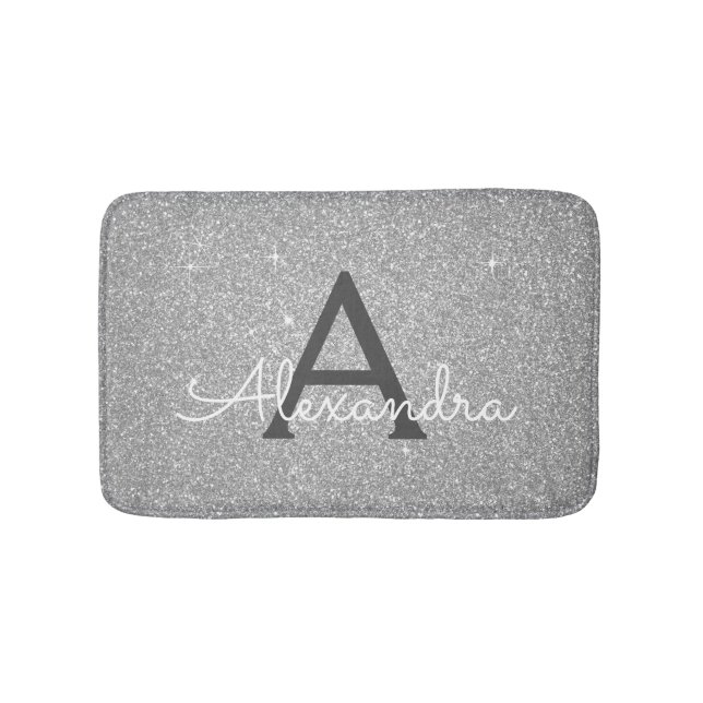 Silver Glitter Sparkle Monogram Bath Mat (Front)