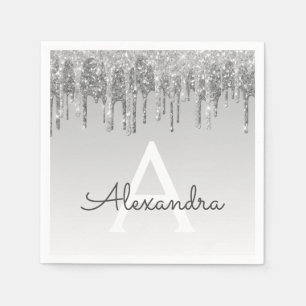 Silver Glitter & Sparkle Monogram Birthday Napkin