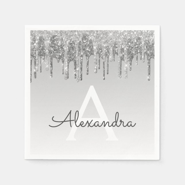 Silver Glitter & Sparkle Monogram Birthday Napkin (Front)