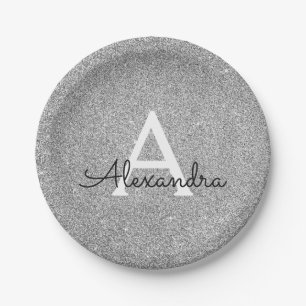 Silver Glitter & Sparkle Monogram Birthday Paper Plate