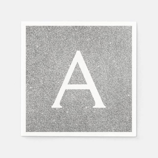 Silver Glitter & Sparkle Monogram Initial Birthday Napkin (Front)