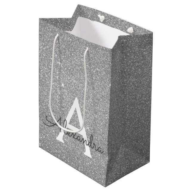 Silver Glitter & Sparkle Monogram Medium Gift Bag (Front Angled)