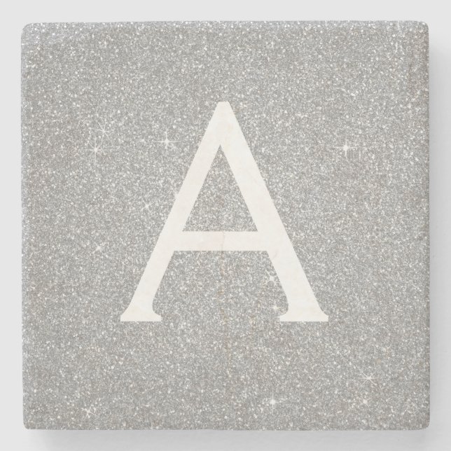 Silver Glitter & Sparkle Monogram Stone Coaster (Front)
