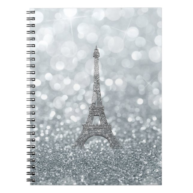 Silver Glitter Sparkle Paris Eiffel Tower Glam Notebook (Front)