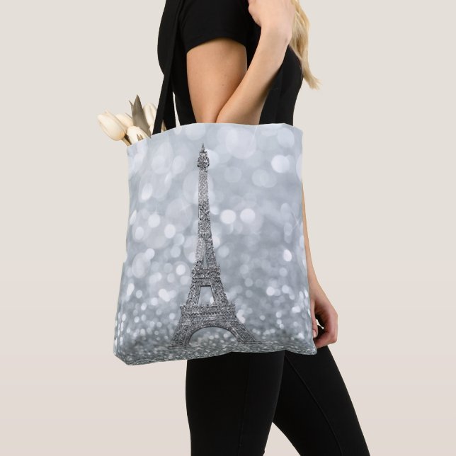 Silver Glitter Sparkle Paris Eiffel Tower Glam Tote Bag (Close Up)