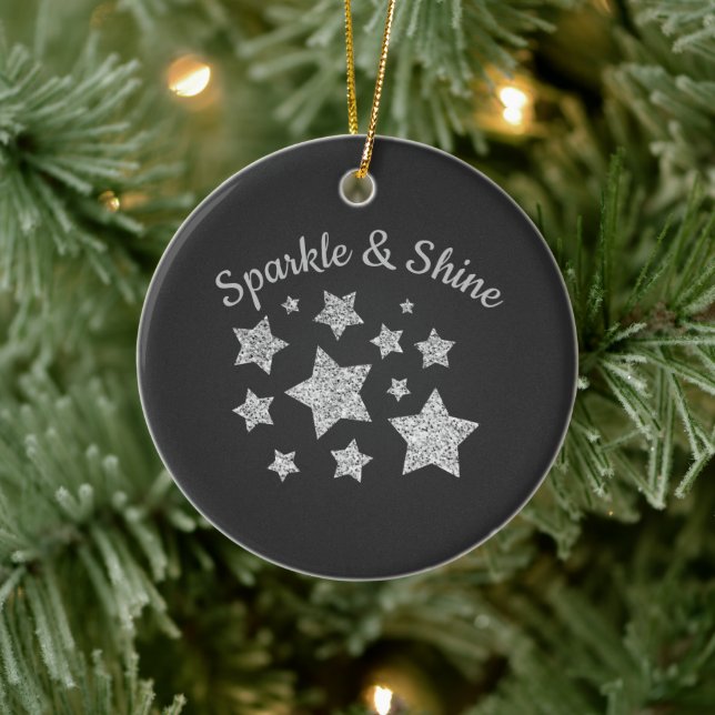 Silver glitter sparkle Stars Shine quote dark grey Ceramic Ornament (Tree)