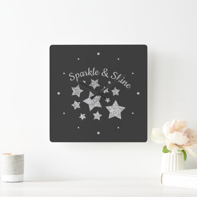 Silver glitter sparkle Stars Shine quote dark grey Square Wall Clock (Home)