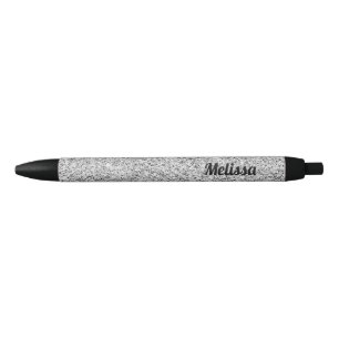 Silver glitter sparkles black white Personalise Black Ink Pen