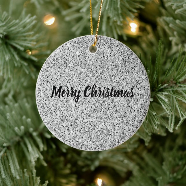 Silver glitter sparkles black white Personalise Ceramic Ornament (Tree)