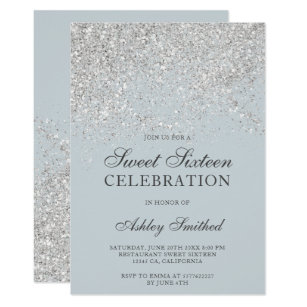 Silver glitter sparkles blue chic sweet sixteen invitation