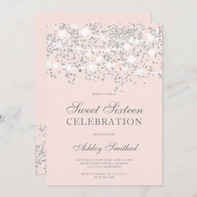 Silver glitter sparkles blush pink sweet sixteen invitation (Front/Back)
