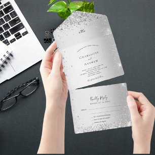 Silver glitter sparkles elegant wedding all in one invitation