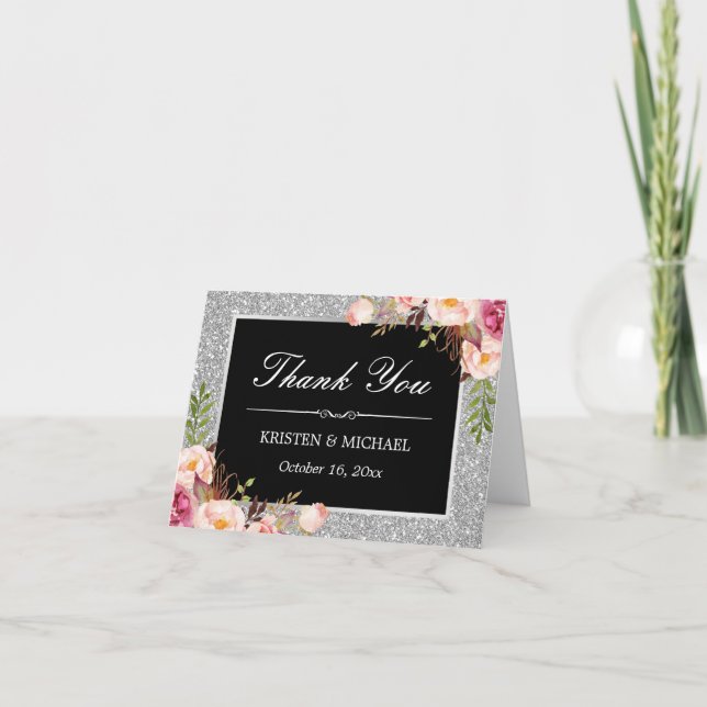 Silver Glitter Sparkles Floral Decor Thank You Card (Front)