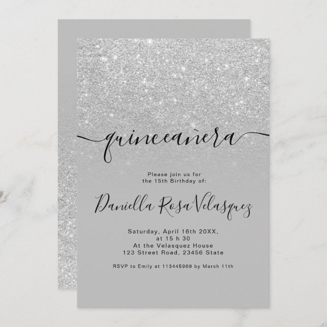 Silver glitter sparkles grey ombre quinceanera invitation (Front/Back)
