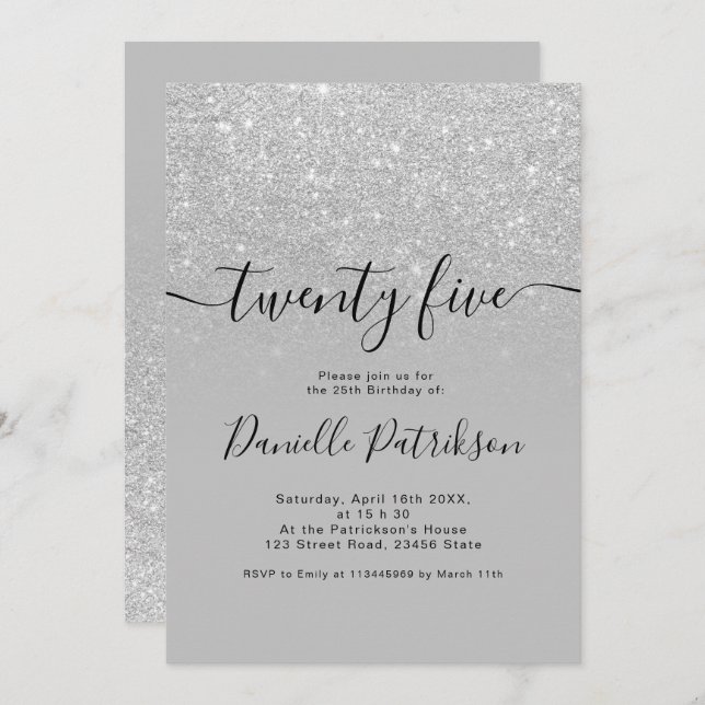 Silver glitter sparkles grey ombre twenty five invitation (Front/Back)