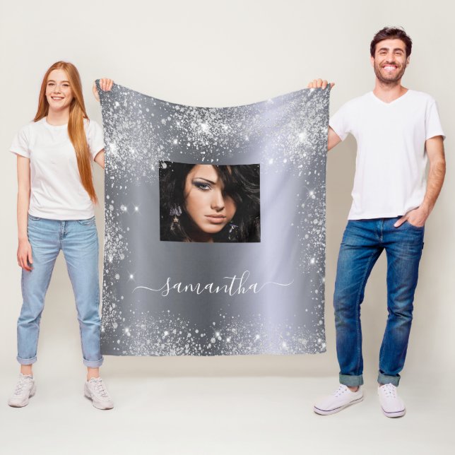 Silver glitter sparkles name photo script stylish fleece blanket (In Situ)