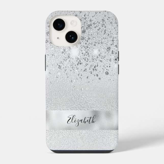 Silver glitter sparkles name script stylish iPhone case (Back)