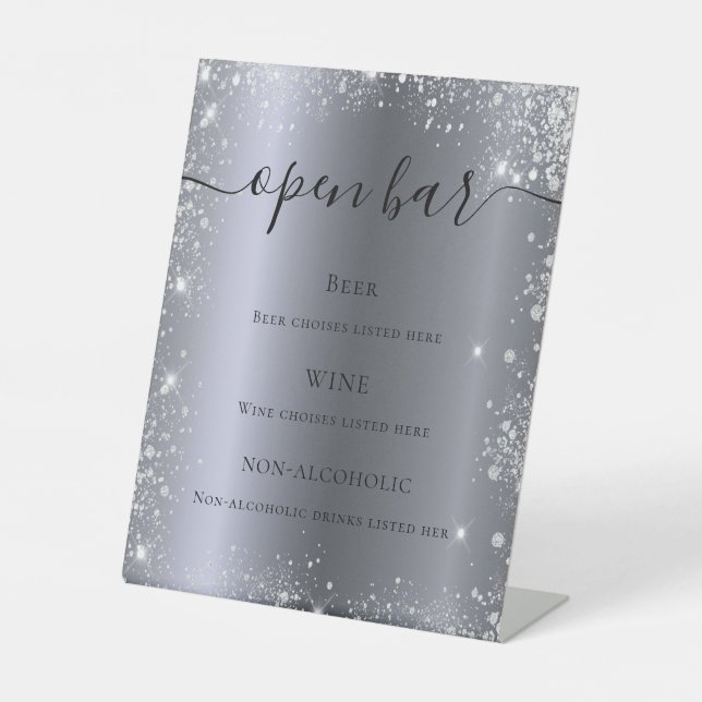 Silver glitter sparkles script bar menu pedestal sign (Front)