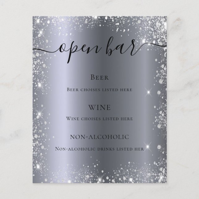 Silver glitter sparkles script budget bar menu (Front)