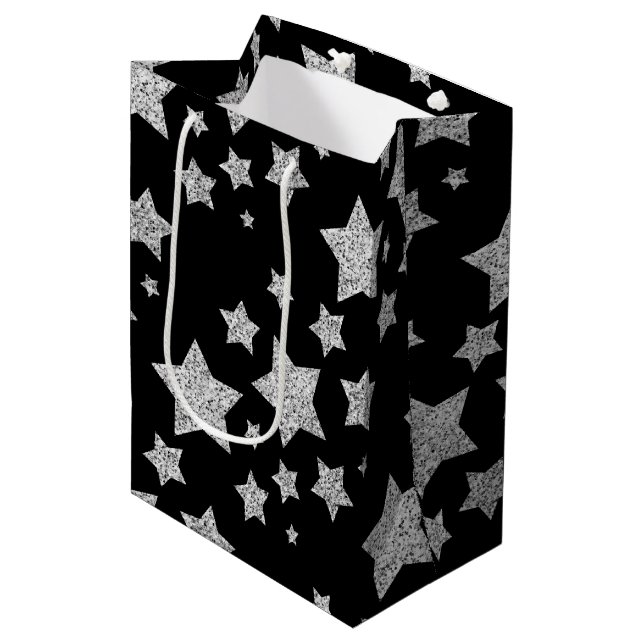 Silver glitter sparkles Stars pattern black Medium Gift Bag (Front Angled)