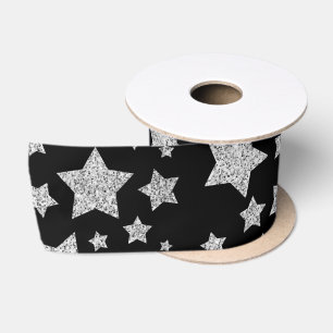 Silver glitter sparkles Stars pattern black Satin Ribbon