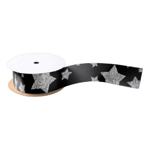 Silver glitter sparkles Stars pattern black Satin Ribbon