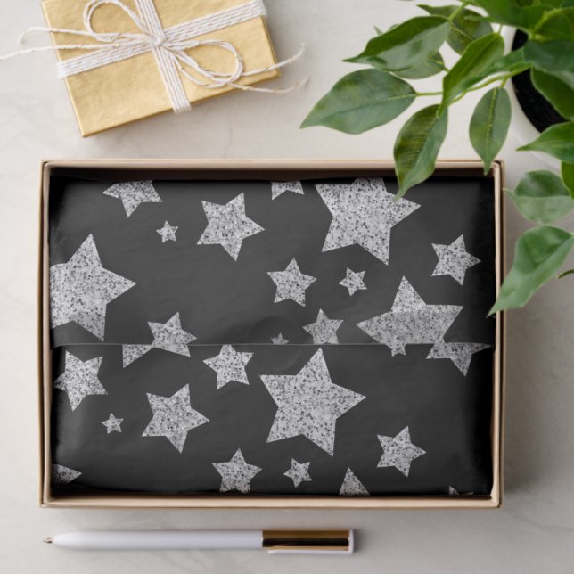 Silver glitter sparkles Stars pattern black Tissue Paper (Gift)