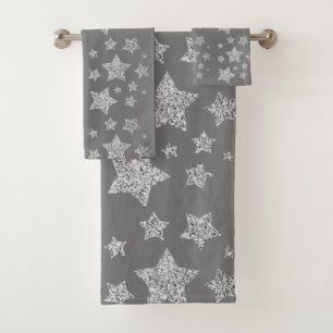 Silver glitter sparkles Stars pattern light grey Bath Towel Set