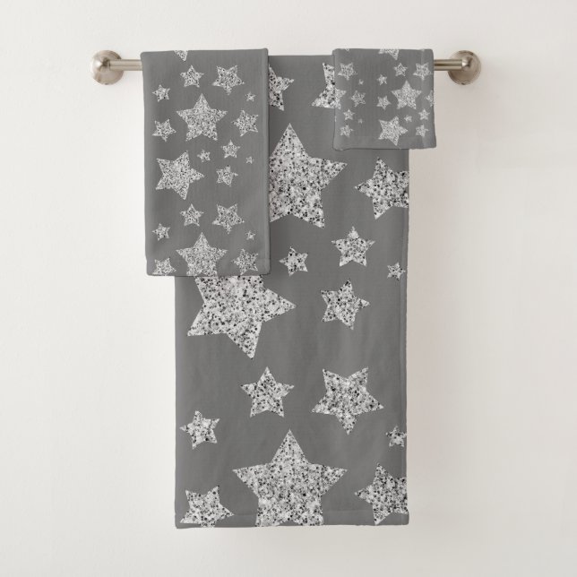 Silver glitter sparkles Stars pattern light grey Bath Towel Set (Insitu)