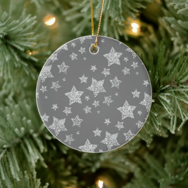 Silver glitter sparkles Stars pattern light grey Ceramic Ornament (Tree)