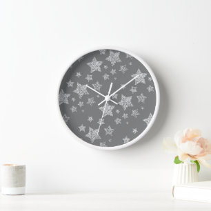 Silver glitter sparkles Stars pattern light grey Clock