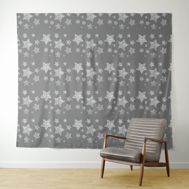 Silver glitter sparkles Stars pattern light grey Tapestry (In Situ (Horizontal))