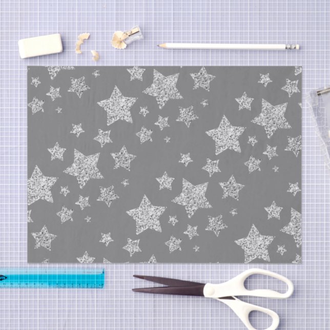 Silver glitter sparkles Stars pattern light grey Tissue Paper (Craft)