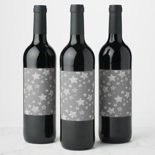 Silver glitter sparkles Stars pattern light grey Wine Label (Bottles)