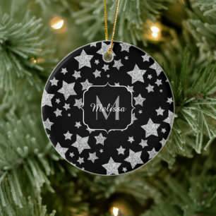 Silver glitter sparkles Stars pattern Monogram Ceramic Ornament