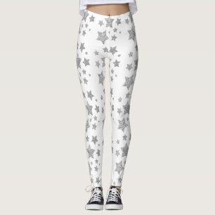 Silver glitter sparkles Stars pattern white Leggings