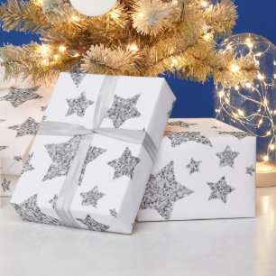 Silver glitter sparkles Stars pattern white Wrapping Paper