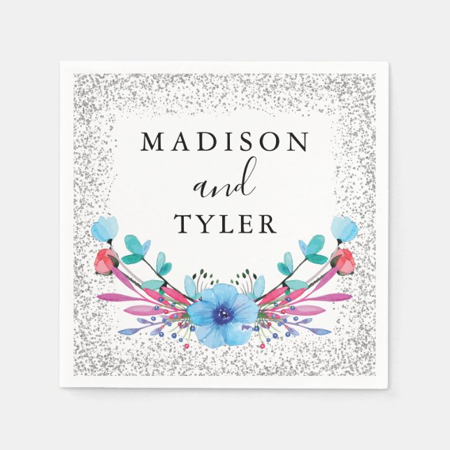 Silver Glitter Sparkles Watercolor Floral Wreath Napkin (Front)