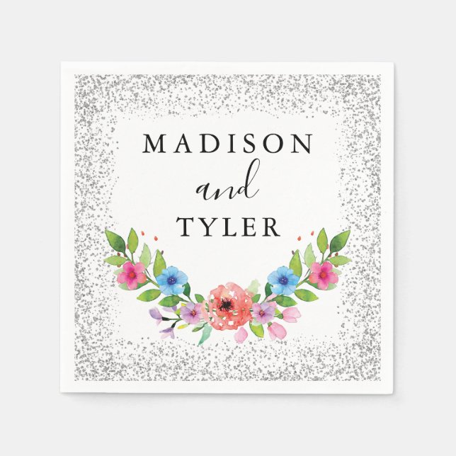 Silver Glitter Sparkles Watercolor Floral Wreath Napkin (Front)