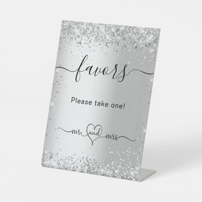 Silver glitter sparkles wedding guest favours pedestal sign (Front)