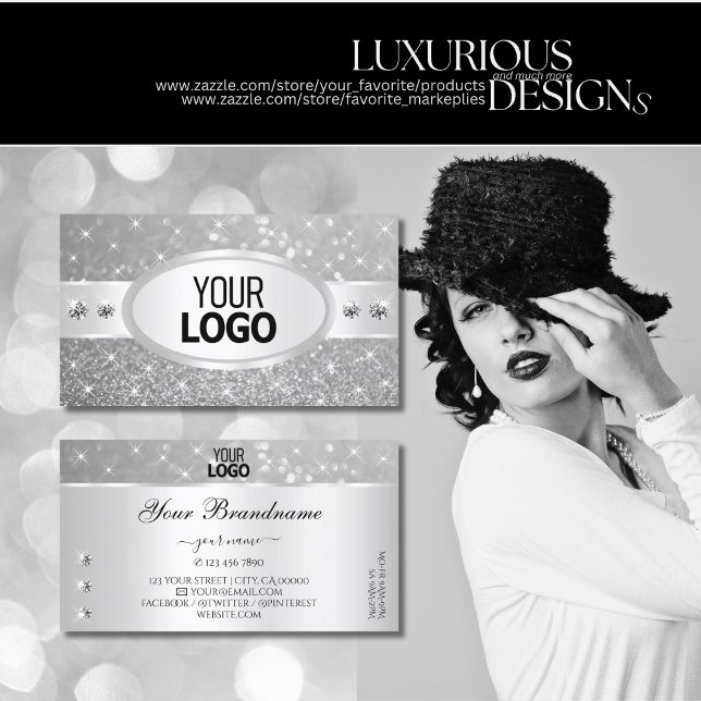 Silver Glitter Sparkling Stars Diamonds and Logo Business Card (Creator Uploaded)