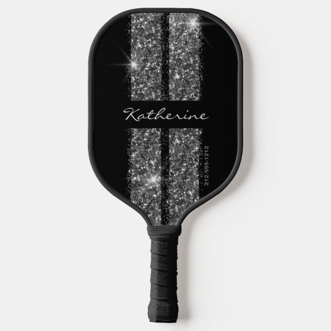 Silver Glitter Sport Racing Stripes Elegant Pickle Pickleball Paddle (Back)