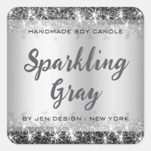 Silver Glitter Stars Custom Name Luxurious Grey Square Sticker