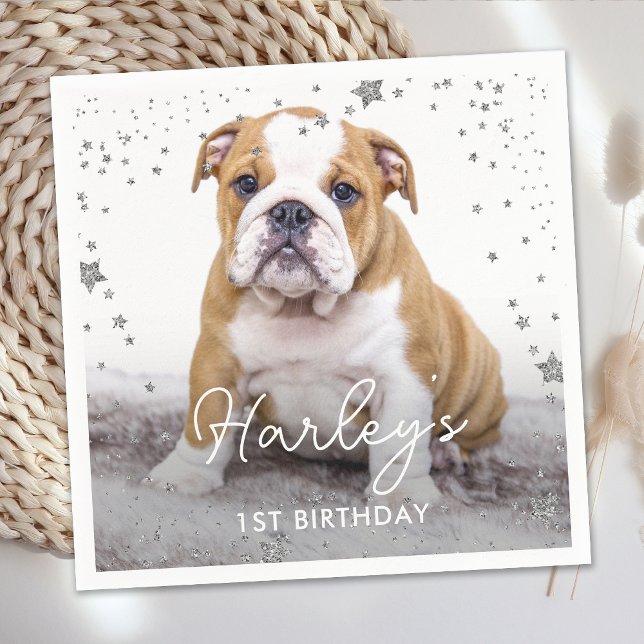 Silver Glitter Stars Custom Photo Pet Dog Birthday Napkin (Creator Uploaded)