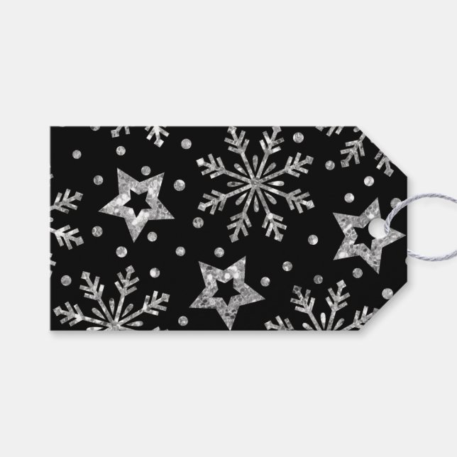 Silver Glitter Stars & Snowflakes Gift Tags (Front (Horizontal))