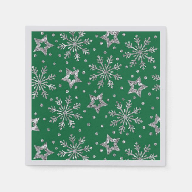 Silver Glitter Stars & Snowflakes Napkins (Front)