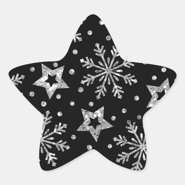 Silver Glitter Stars & Snowflakes Star Sticker (Front)
