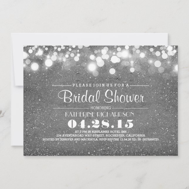 silver glitter & string lights bridal shower invitation (Front)