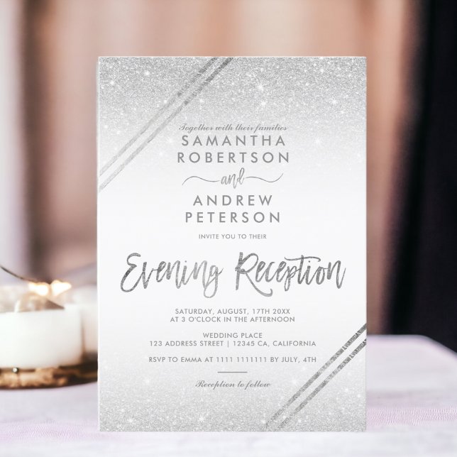 Silver glitter stripes elegant script wedding invitation (Silver glitter stripes elegant script wedding invitation)