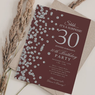 Silver Glitter Surprise 30th Birthday Burgundy  Invitation